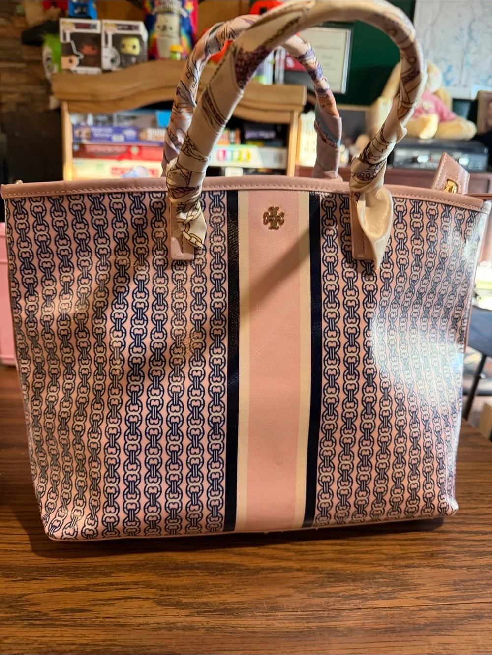 Tory Burch Pink and Navy Patterned Stripe Gemini Tote NWT